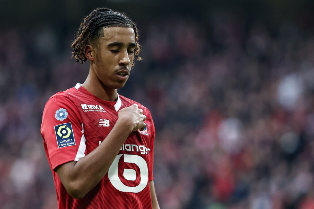 Lille's French defender #15 Leny Yoro celebrates after scoring his team's first goal during the French L1 football match between Lille OSC (LOSC) and Toulouse FC (TFC) at the Stade Pierre-Mauroy in Villeneuve-d'Ascq, northern France on November 12, 2023.