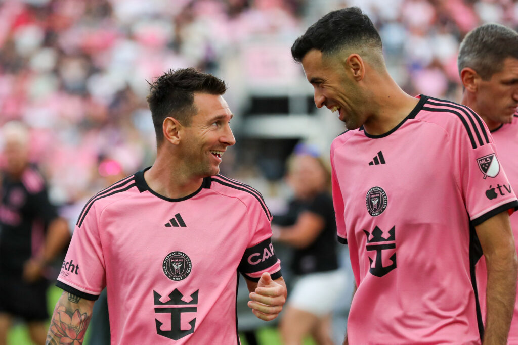 Inter Miami's Argentine forward #10 Lionel Messi and Inter Miami's Spanish midfielder #05 Sergio Busquets share a joke during the Major League Soccer (MLS) regular season football match between Inter Miami CF and St. Louis CITY SC at Chase Stadium in Fort Lauderdale, Florida in June 1, 2024.