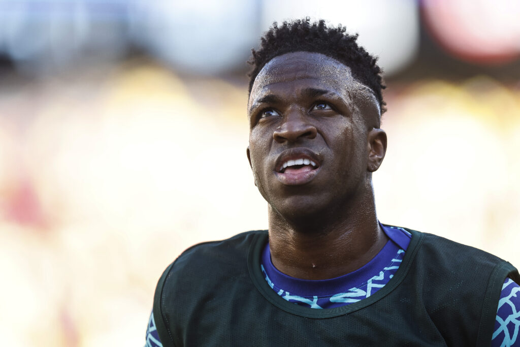 SANTA CLARA, CALIFORNIA - JULY 02: Vinicius Junior of Brazil warms up prior to the CONMEBOL Copa America 2024 Group D match between Brazil and Colombia at Levi's Stadium on July 02, 2024 in Santa Clara, California.