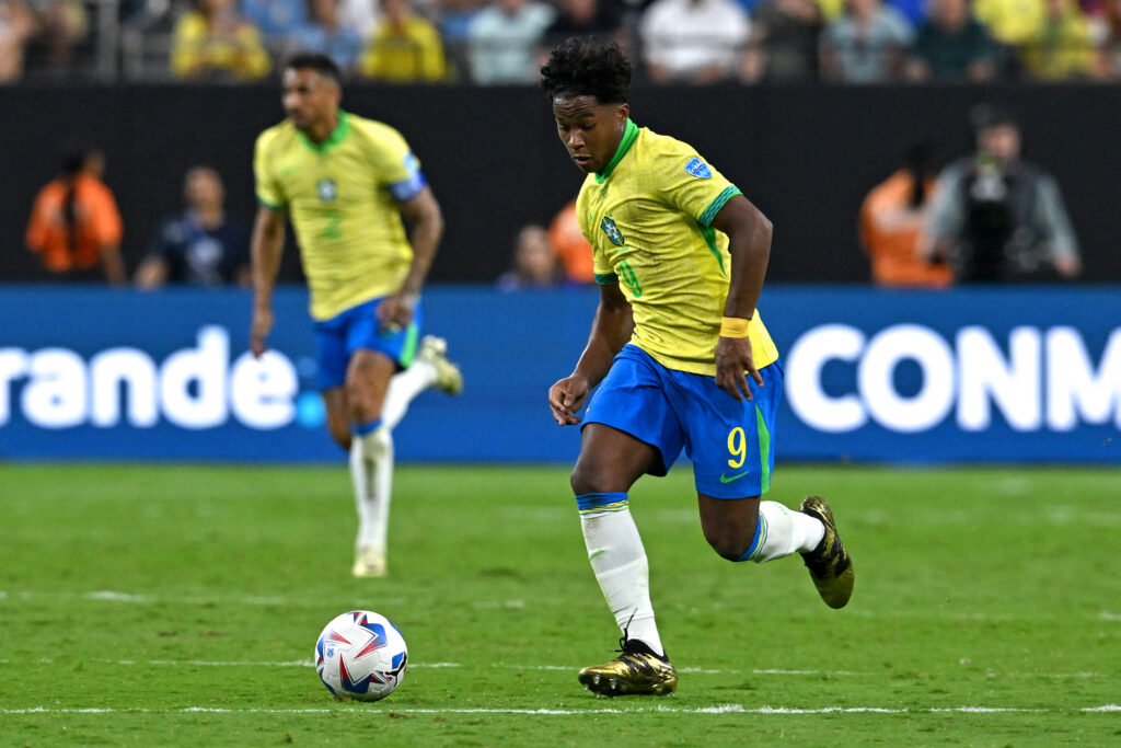 Brazil's forward #09 Endrick controls the ball during the Conmebol 2024 Copa America tournament quarterfinal football match between Uruguay and Brazil at Allegiant Stadium in Las Vegas, Nevada on July 6, 2024.