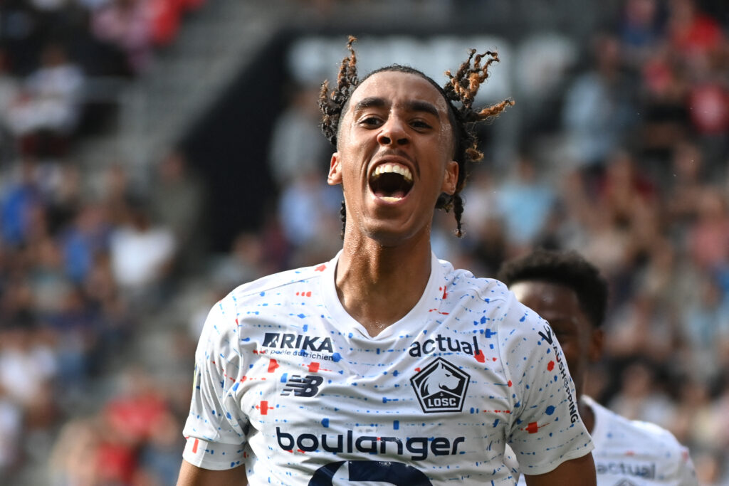 Lille's French defender #15 Leny Yoro celebrates after opening the scoring during the French L1 football match between Stade Rennais FC and Lille LOSC at The Roazhon Park Stadium in Rennes, western France on September 16, 2023.