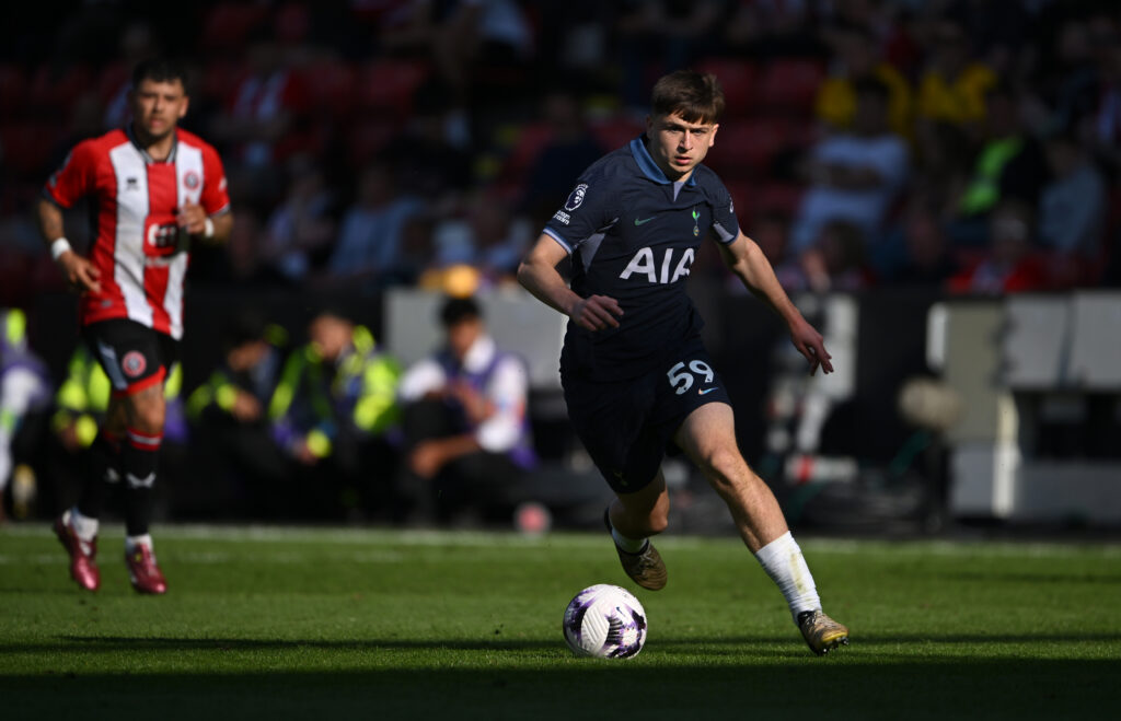 SHEFFIELD, ENGLAND - MAY 19: Tottenham Hotspur player Mikey Moore in action during the Premier League match between Sheffield United and Tottenham Hotspur at Bramall Lane on May 19, 2024 in Sheffield, England.