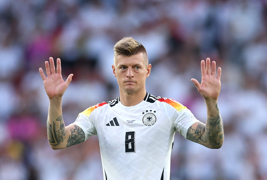 STUTTGART, GERMANY - JULY 05: Toni Kroos of Germany acknowledges the fans after the team's defeat in the UEFA EURO 2024 quarter-final match between Spain and Germany at Stuttgart Arena on July 05, 2024 in Stuttgart, Germany.