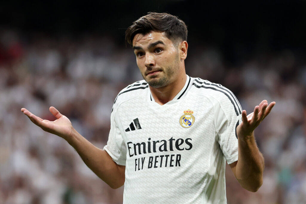 MADRID, SPAIN - AUGUST 25: Brahim Diaz of Real Madrid celebrates scoring his team's second goal during the La Liga match between Real Madrid CF and Real Valladolid CF at Estadio Santiago Bernabeu on August 25, 2024 in Madrid, Spain.