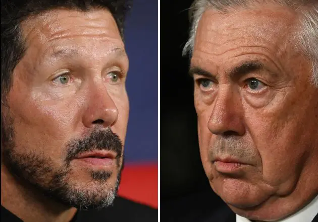 FILE PHOTO (EDITORS NOTE: COMPOSITE OF IMAGES - Image numbers 2169085881, 2169870071) In this composite image a comparison has been made Diego Simeone, Head Coach of Atletico de Madrid (L) and Carlo Ancelotti, Head Coach of Real Madrid. Atletico de Madrid and Real Madrid meet in a La Liga fixture on September 29,2024 at the Estadio Civitas Metropolitano in Madrid,Spain. ***LEFT IMAGE*** MADRID, SPAIN - AUGUST 28: Diego Simeone, Head Coach of Atletico de Madrid, looks on prior to the LaLiga match between Atletico de Madrid and RCD Espanyol at Estadio Civitas Metropolitano on August 28, 2024 in Madrid, Spain.