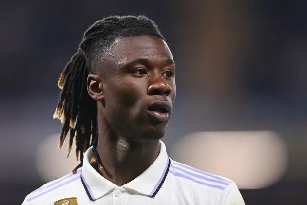 LONDON, ENGLAND - APRIL 18: Eduardo Camavinga of Real Madrid looks on during the UEFA Champions League quarterfinal second leg match between Chelsea FC and Real Madrid at Stamford Bridge on April 18, 2023 in London, England.