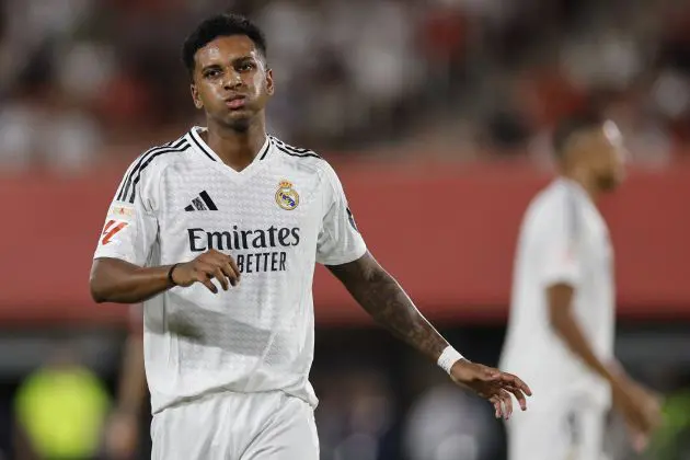 Real Madrid's Brazilian forward #11 Rodrygo reacts during the Spanish league football match between RCD Mallorca and Real Madrid CF at the Mallorca Son Moix stadium in Palma de Mallorca on August 18, 2024.