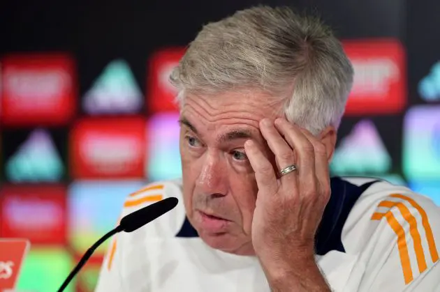 Real Madrid's Italian coach Carlo Ancelotti speaks to media during a press conference on the eve of their Liga football match against Real Betis, at the club's training facilities of Valdebebas in Madrid on August 31, 2024.