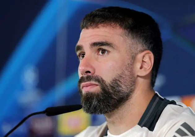 Real Madrid's Spanish defender #02 Dani Carvajal gives a press conference on the eve of their UEFA Champions League football match against Stuttgart VFB at the club's training facilities of Valdebebas, in the outskirt of Madrid, on September 16, 2024.