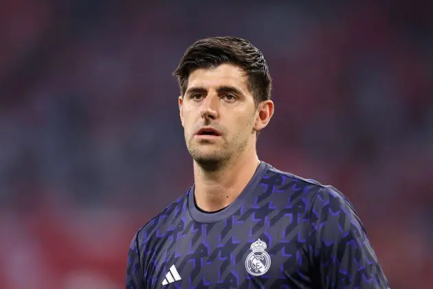 MUNICH, GERMANY - APRIL 30: Thibaut Courtois of Real Madrid looks on during the warm up prior to the UEFA Champions League semi-final first leg match between FC Bayern München and Real Madrid at Allianz Arena on April 30, 2024 in Munich, Germany.