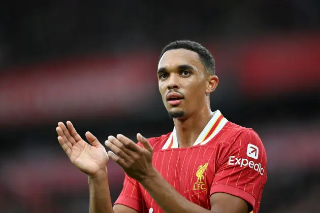 LIVERPOOL, ENGLAND - AUGUST 25: Trent Alexander-Arnold of Liverpool looks on during the Premier League match between Liverpool FC and Brentford FC at Anfield on August 25, 2024 in Liverpool, England.