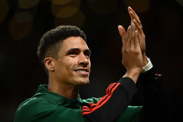 MANCHESTER, ENGLAND - MAY 15: Raphaël Varane of Manchester United applauds supporters after the Premier League match between Manchester United and Newcastle United at Old Trafford on May 15, 2024 in Manchester, England.