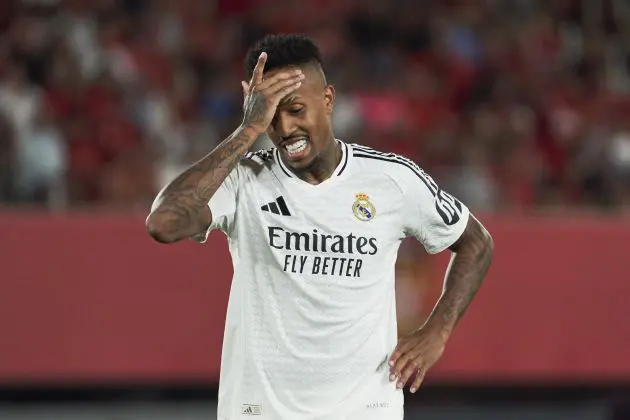 MALLORCA, SPAIN - AUGUST 18: Eder Militao of Real Madrid gesture during the La Liga match between RCD Mallorca and Real Madrid CF at Estadi de Son Moix on August 18, 2024 in Mallorca, Spain.