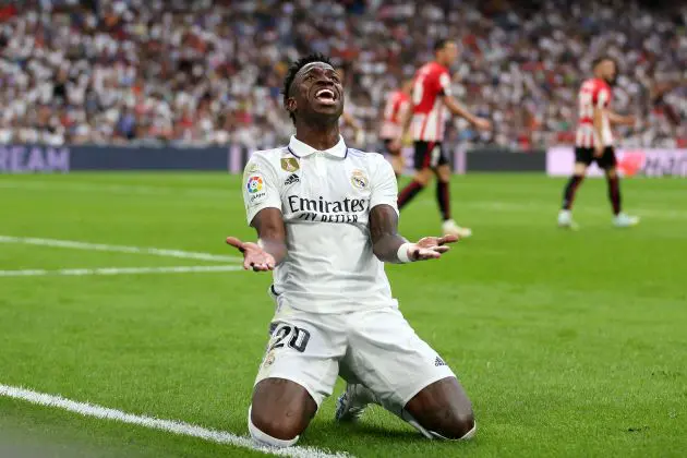 MADRID, SPAIN - JUNE 04: Vinicius Junior of Real Madrid reacts during the LaLiga Santander match between Real Madrid CF and Athletic Club at Estadio Santiago Bernabeu on June 04, 2023 in Madrid, Spain.