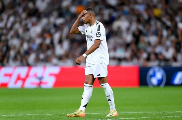 MADRID, SPAIN - SEPTEMBER 21: Kylian Mbappe of Real Madrid reacts during the LaLiga match between Real Madrid CF and RCD Espanyol de Barcelona at Estadio Santiago Bernabeu on September 21, 2024 in Madrid, Spain.