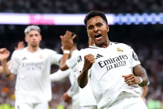 MADRID, SPAIN - SEPTEMBER 21: Rodrygo of Real Madrid celebrates scoring his team's second goal during the LaLiga match between Real Madrid CF and RCD Espanyol de Barcelona at Estadio Santiago Bernabeu on September 21, 2024 in Madrid, Spain.