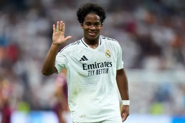 MADRID, SPAIN - AUGUST 25: Endrick Felipe Moreira of Real Madrid celebrates scoring his team's third goal during the La Liga match between Real Madrid CF and Real Valladolid CF at Estadio Santiago Bernabeu on August 25, 2024 in Madrid, Spain.