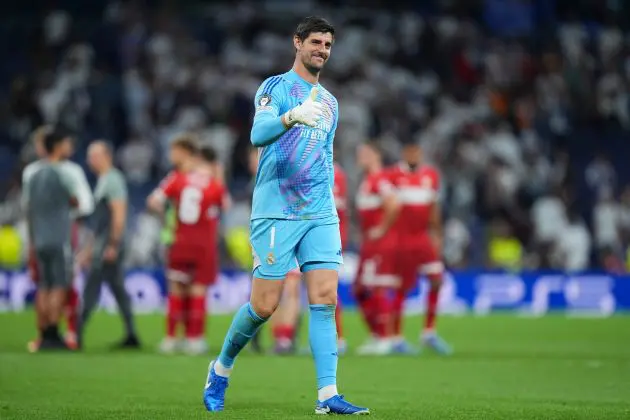 MADRID, SPAIN - SEPTEMBER 17: Thibaut Courtois of Real Madrid gestures after the UEFA Champions League 2024/25 League Phase MD1 match between Real Madrid CF and VfB Stuttgart at Estadio Santiago Bernabeu on September 17, 2024 in Madrid, Spain.