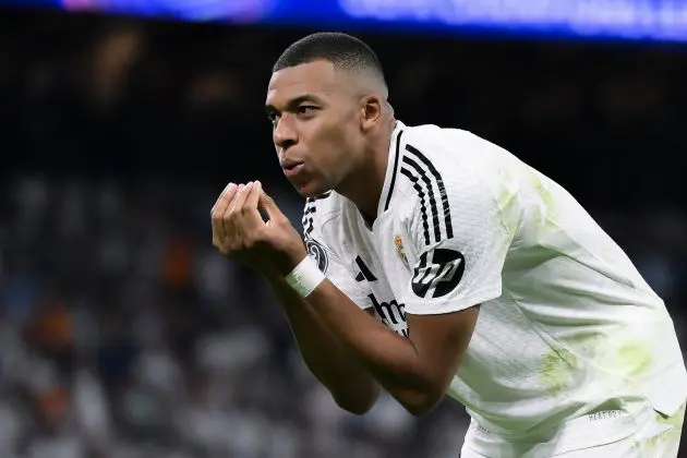 MADRID, SPAIN - SEPTEMBER 17: Kylian Mbappé of Real Madrid celebrates their team's first goal during the UEFA Champions League 2024/25 League Phase MD1 match between Real Madrid CF and VfB Stuttgart at Estadio Santiago Bernabeu on September 17, 2024 in Madrid, Spain.