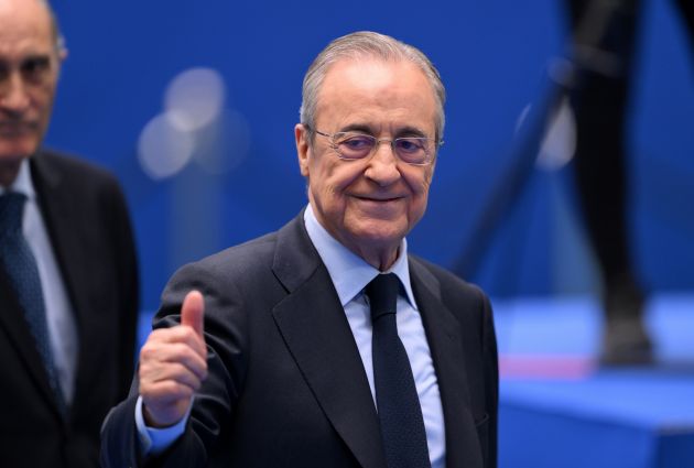 MADRID, SPAIN - JULY 16: Florentino Perez Rodriguez, President of Real Madrid reacts as Real Madrid new signing, Kylian Mbappe is unveiled at Estadio Santiago Bernabeu on July 16, 2024 in Madrid, Spain.