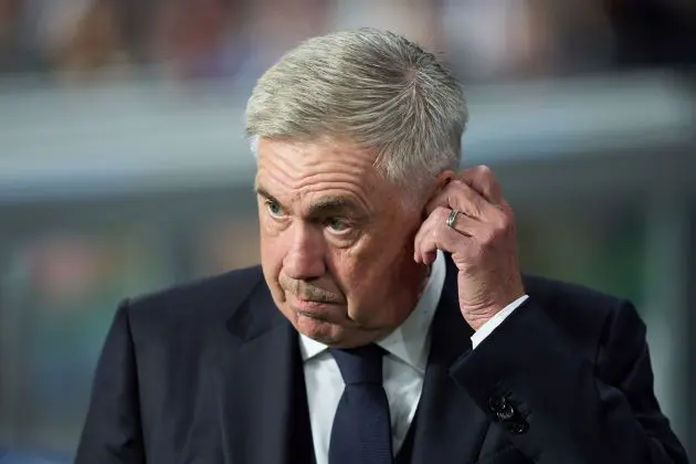 SAN SEBASTIAN, SPAIN - SEPTEMBER 14: Head coach Carlo Ancelotti of Real Madrid looks on prior to the LaLiga match between Real Sociedad and Real Madrid CF at Reale Arena on September 14, 2024 in San Sebastian, Spain.