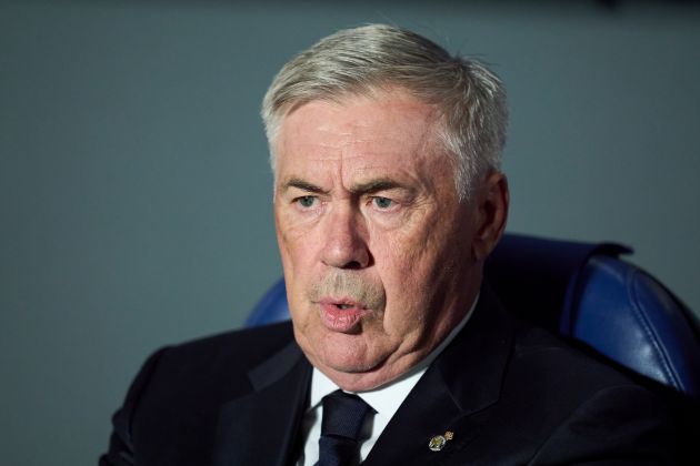 SAN SEBASTIAN, SPAIN - SEPTEMBER 14: Head coach Carlo Ancelotti of Real Madrid looks on prior to the LaLiga match between Real Sociedad and Real Madrid CF at Reale Arena on September 14, 2024 in San Sebastian, Spain.