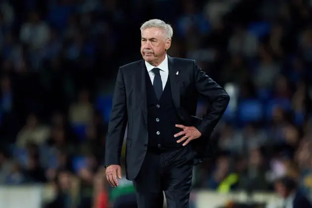 SAN SEBASTIAN, SPAIN - SEPTEMBER 14: Head coach Carlo Ancelotti of Real Madrid looks on during the LaLiga match between Real Sociedad and Real Madrid CF at Reale Arena on September 14, 2024 in San Sebastian, Spain.