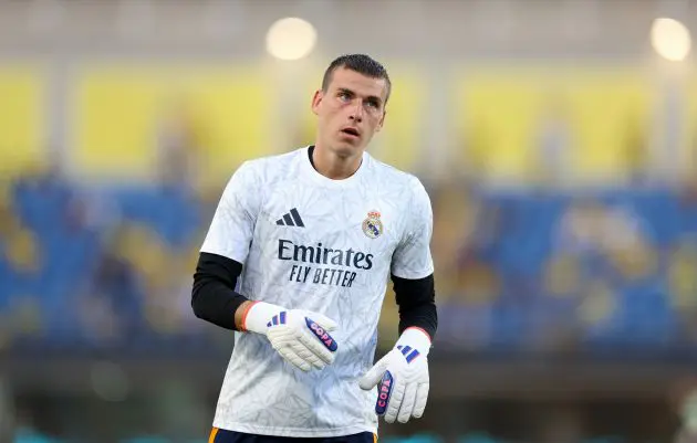 LAS PALMAS, SPAIN - AUGUST 29: Andriy Lunin of Real Madrid looks on during the warm up prior to the La Liga match between UD Las Palmas and Real Madrid CF at Estadio Gran Canaria on August 29, 2024 in Las Palmas, Spain.