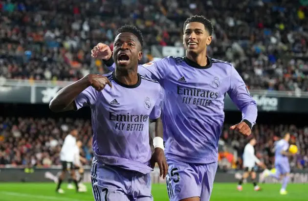 VALENCIA, SPAIN - MARCH 02: Vinicius Junior of Real Madrid celebrates scoring his team's second goal with teammate Jude Bellingham during the LaLiga EA Sports match between Valencia CF and Real Madrid CF at Estadio Mestalla on March 02, 2024 in Valencia, Spain.