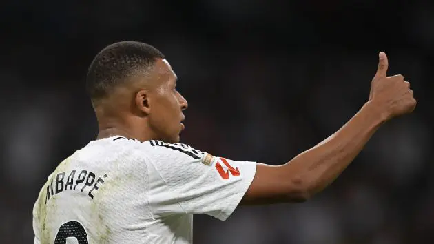 Kylian Mbappe of Real Madrid reacts during the LaLiga match between Real Madrid CF and Deportivo Alaves at Estadio Santiago Bernabeu on September 24, 2024 in Madrid, Spain.