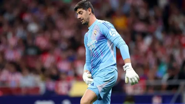 Thibaut Courtois of Real Madrid reacts during the LaLiga match between Atletico de Madrid and Real Madrid CF at Estadio Civitas Metropolitano on September 29, 2024 in Madrid, Spain.