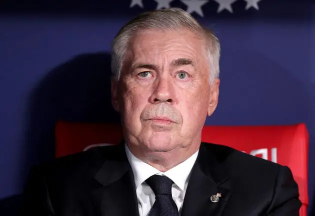 MADRID, SPAIN - SEPTEMBER 29: Carlo Ancelotti, Head Coach of Real Madrid, looks on during the LaLiga match between Atletico de Madrid and Real Madrid CF at Estadio Civitas Metropolitano on September 29, 2024 in Madrid, Spain.