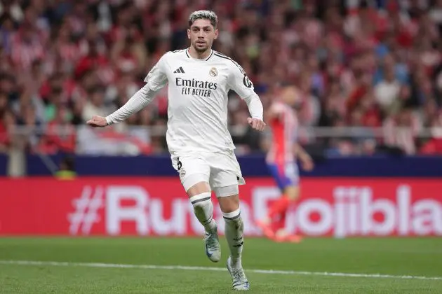 MADRID, SPAIN - SEPTEMBER 29: Federico Valverde of Real Madrid CF in actions during the LaLiga match between Atletico de Madrid and Real Madrid CF at Estadio Civitas Metropolitano on September 29, 2024 in Madrid, Spain.