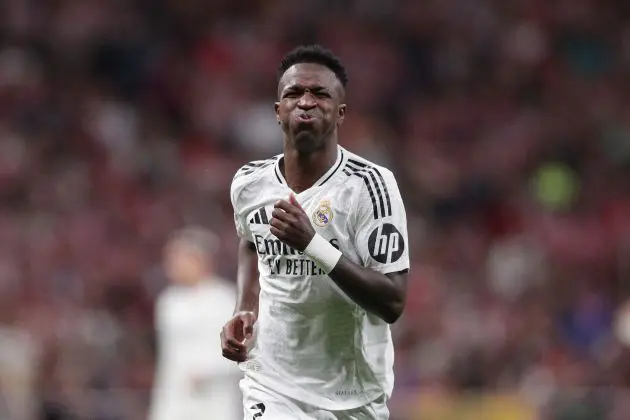 MADRID, SPAIN - SEPTEMBER 29: Vinicius Junior of Real Madrid CF reacts as he fail to score during the LaLiga match between Atletico de Madrid and Real Madrid CF at Estadio Civitas Metropolitano on September 29, 2024 in Madrid, Spain.