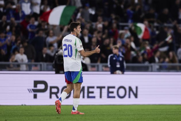 ROME, ITALY - OCTOBER 10: Andrea Cambiaso of Italy celebrates after scoring his team's first goal during the UEFA Nations League 2024/25 League A Group A2 match between Italy and Belgium at Stadio Olimpico on October 10, 2024 in Rome, Italy.