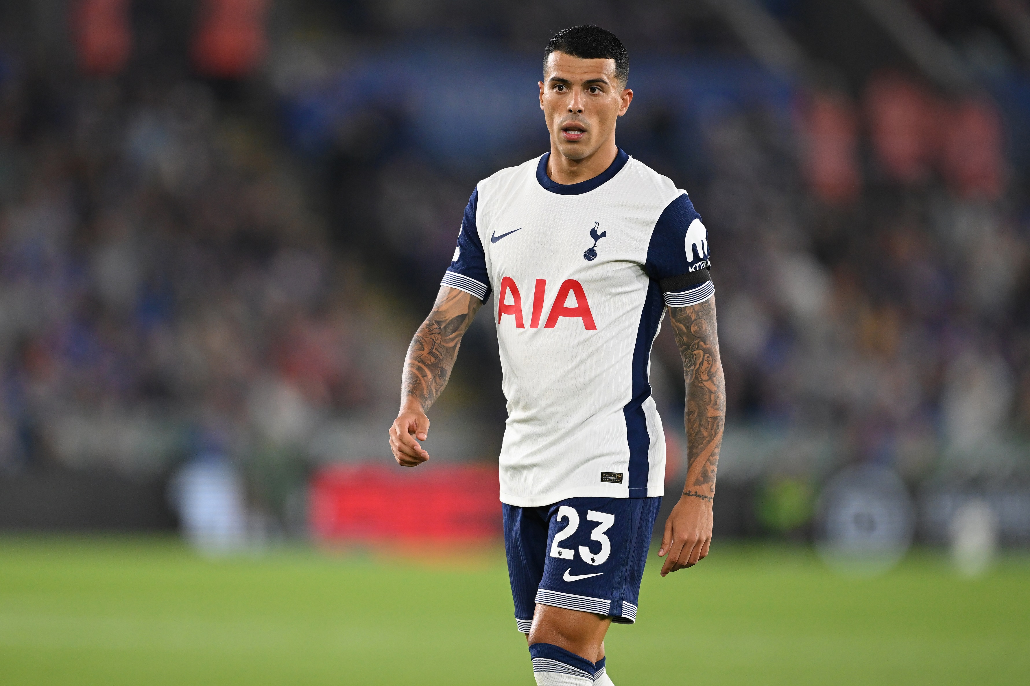 LEICESTER, ENGLAND - AUGUST 19: Pedro Porro of Tottenham in action during the Premier League match between Leicester City FC and Tottenham Hotspur FC at The King Power Stadium on August 19, 2024 in Leicester, England.