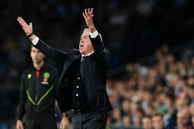 VIGO, SPAIN - OCTOBER 19: Carlo Ancelotti, head coach of Real Madrid CF reacts during the LaLiga match between RC Celta de Vigo and Real Madrid CF at Estadio Balaidos on October 19, 2024 in Vigo, Spain.