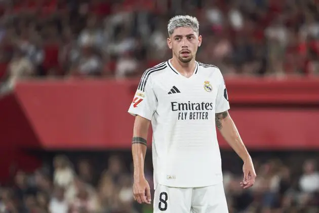 MALLORCA, SPAIN - AUGUST 18: Federico Valverde of Real Madrid looks on during the La Liga match between RCD Mallorca and Real Madrid CF at Estadi de Son Moix on August 18, 2024 in Mallorca, Spain.