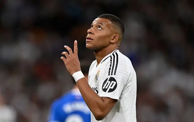 MADRID, SPAIN - SEPTEMBER 24: Kylian Mbappe of Real Madrid reacts during the LaLiga match between Real Madrid CF and Deportivo Alaves at Estadio Santiago Bernabeu on September 24, 2024 in Madrid, Spain.