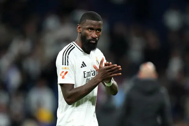 MADRID, SPAIN - OCTOBER 26: Antonio Ruediger of Real Madrid shows appreciation to the fans following a loss in the LaLiga match between Real Madrid CF and FC Barcelona at Estadio Santiago Bernabeu on October 26, 2024 in Madrid, Spain.