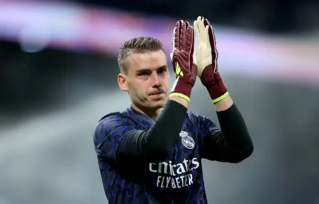 MADRID, SPAIN - APRIL 21: Andriy Lunin of Real Madrid applauds the fans during the warm up prior to the LaLiga EA Sports match between Real Madrid CF and FC Barcelona at Estadio Santiago Bernabeu on April 21, 2024 in Madrid, Spain.