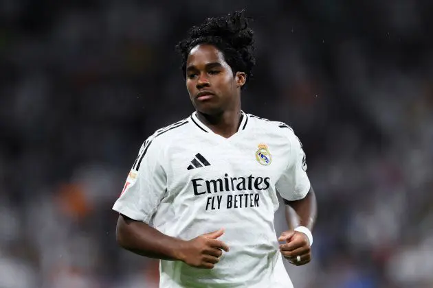 MADRID, SPAIN - SEPTEMBER 21: Endrick of Real Madrid looks on during the LaLiga match between Real Madrid CF and RCD Espanyol de Barcelona at Estadio Santiago Bernabeu on September 21, 2024 in Madrid, Spain.