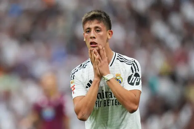 MADRID, SPAIN - AUGUST 25: Arda Gueler of Real Madrid reacts during the La Liga match between Real Madrid CF and Real Valladolid CF at Estadio Santiago Bernabeu on August 25, 2024 in Madrid, Spain.