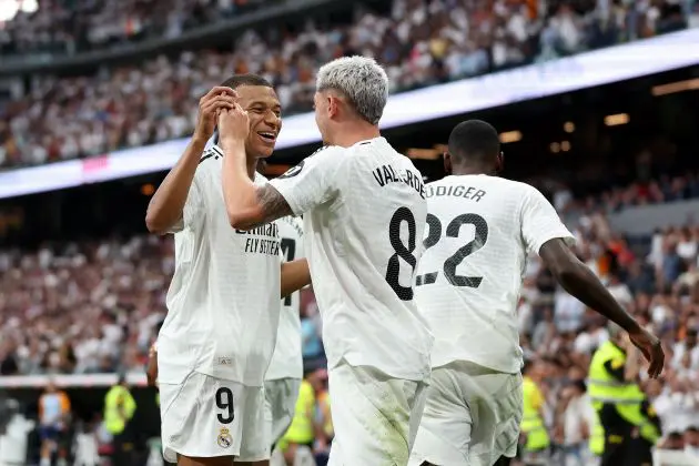 MADRID, SPAIN - AUGUST 25: Federico Valverde of Real Madrid celebrates scoring his team's first goal with teammate Kylian Mbappe during the La Liga match between Real Madrid CF and Real Valladolid CF at Estadio Santiago Bernabeu on August 25, 2024 in Madrid, Spain.