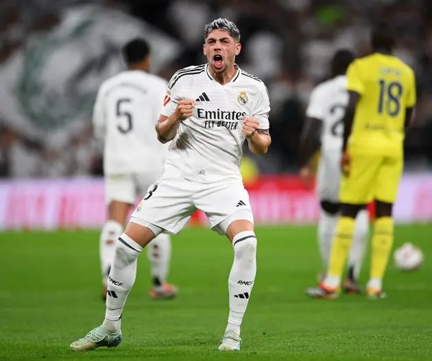 MADRID, SPAIN - OCTOBER 05: Federico Valverde of Real Madrid celebrates scoring his team's first goal during the LaLiga match between Real Madrid CF and Villarreal CF at Estadio Santiago Bernabeu on October 05, 2024 in Madrid, Spain.