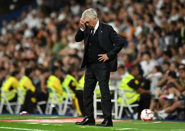 MADRID, SPAIN - OCTOBER 05: Carlo Ancelotti, Head Coach of Real Madrid, reacts during the LaLiga match between Real Madrid CF and Villarreal CF at Estadio Santiago Bernabeu on October 05, 2024 in Madrid, Spain.