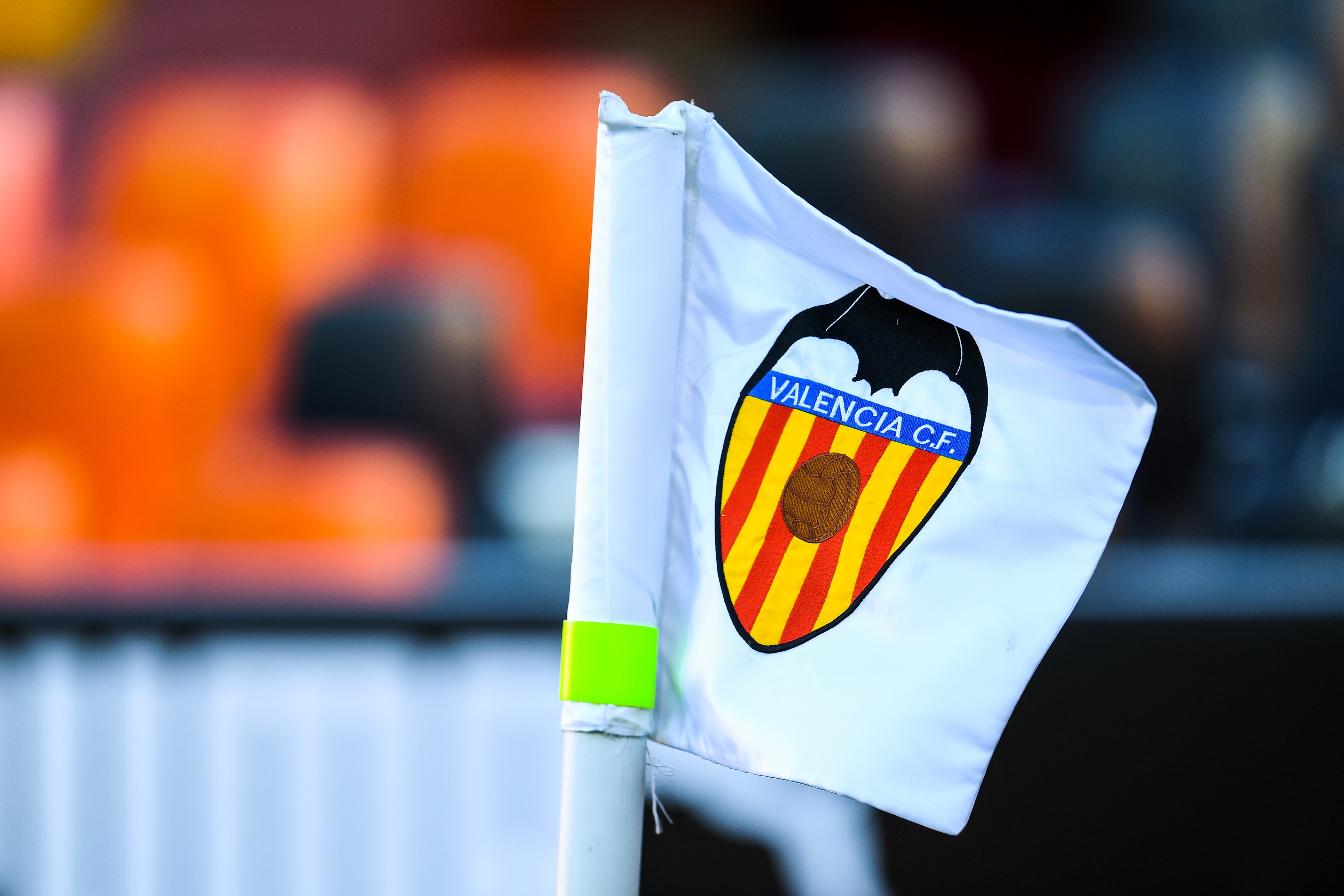 VALENCIA, SPAIN - DECEMBER 12: A corner flag with the valencia badge is seen during the La Liga Santander match between Valencia CF and Athletic Club at Estadio Mestalla on December 12, 2020 in Valencia, Spain.