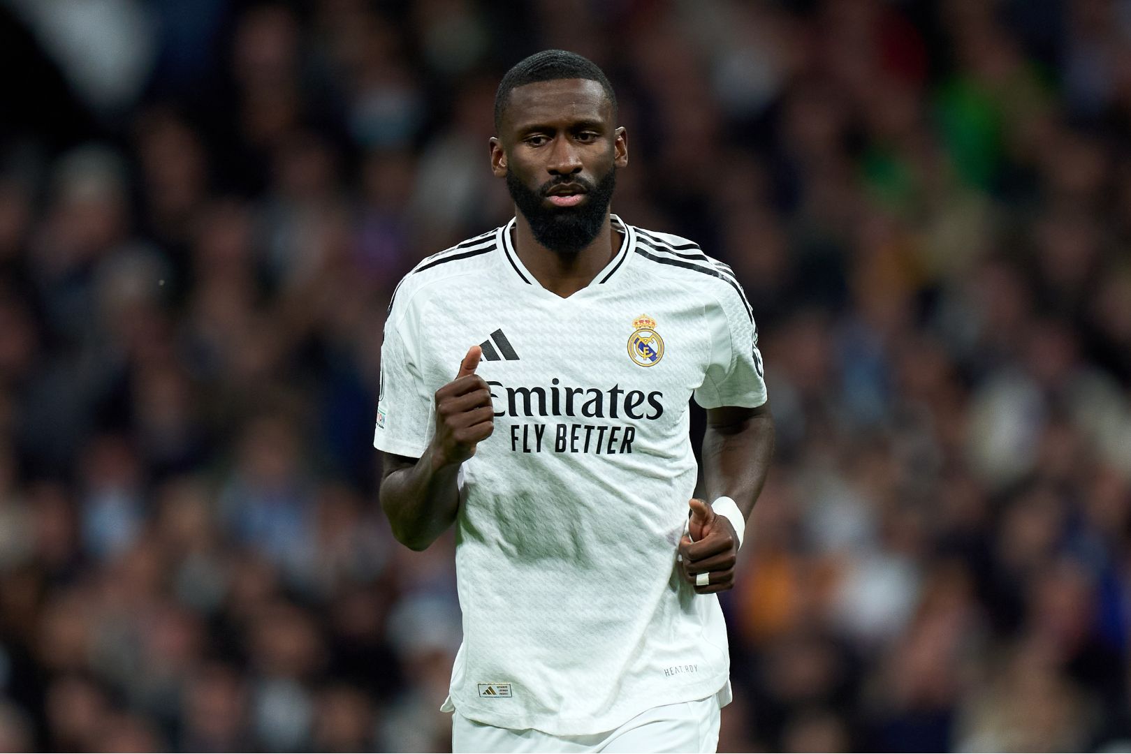 MADRID, SPAIN - JANUARY 22: Antonio Rudiger of Real Madrid looks on during the UEFA Champions League 2024/25 League Phase MD7 match between Real Madrid C.F. and FC Salzburg at Estadio Santiago Bernabeu on January 22, 2025 in Madrid, Spain.