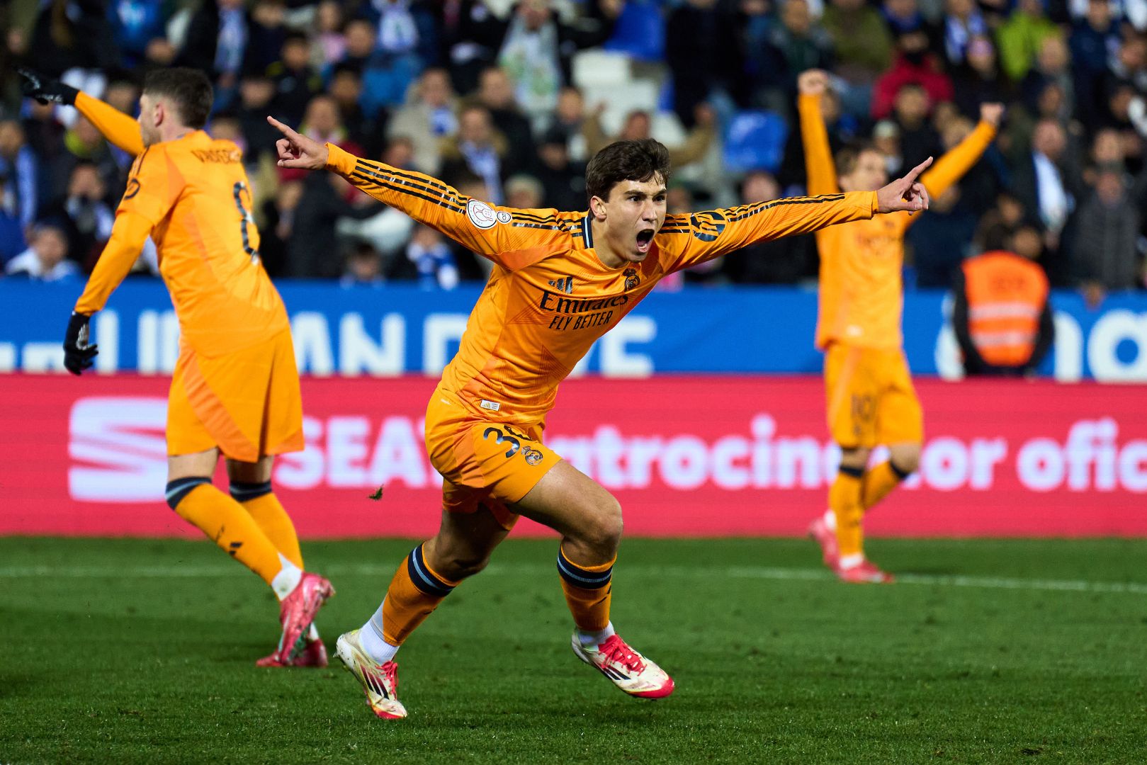 LEGANES, SPAIN - FEBRUARY 05: Gonzalo Garcia of Real Madrid celebrates scoring his team's third goal during the Copa del Rey Quarter Final match between CD Leganes and Real Madrid CF at Estadio Municipal de Butarque on February 05, 2025 in Leganes, Spain.
