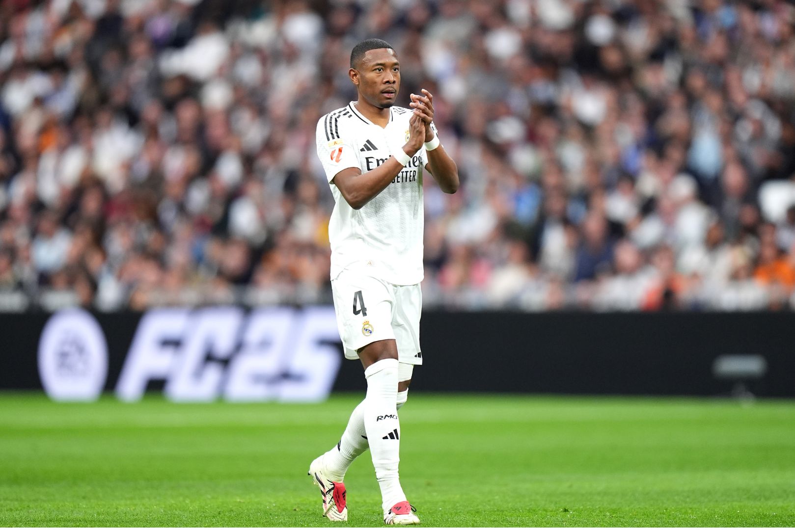 MADRID, SPAIN - FEBRUARY 23: David Alaba of Real Madrid applauds the fans during the LaLiga match between Real Madrid CF and Girona FC at Estadio Santiago Bernabeu on February 23, 2025 in Madrid, Spain.